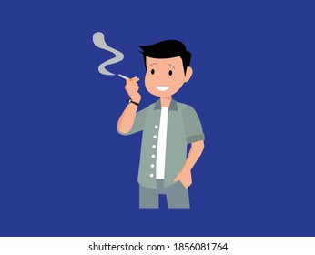 Boy smoking cigarette blue background
