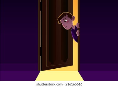 boy sneaking out the door of a room vector illustration