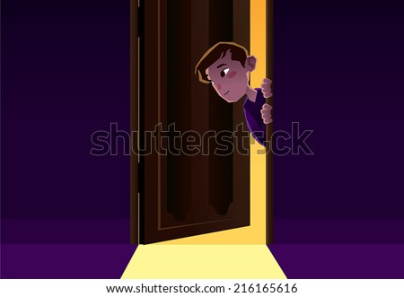 boy sneaking out the door of a room vector illustration