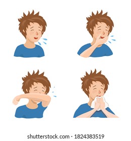 Boy sneezing and coughing right and wrong. Ethics of sneezing with napkin and elbow fold to safe from virus infections Hygiene concept. Vector Illustration.