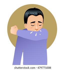 Boy Sneezing In Elbow, Vector Image