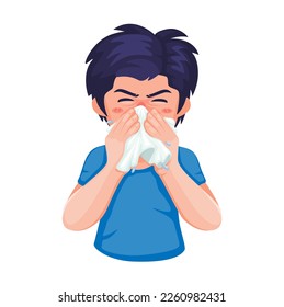 Boy sneezing flu and allergy symptom character symbol cartoon illustration vector