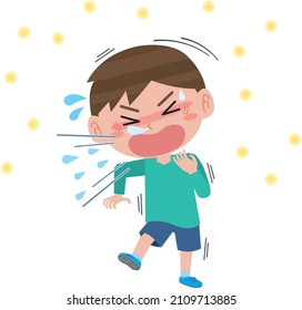 A boy sneezing with hay fever