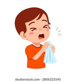 Boy sneezing into a tissue with eyes closed mouth open showing discomfort in a cartoon illustration