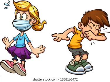 Boy sneezing and scared girl wearing a face mask. Vector clip art illustration with simple gradients. Some elements on separate layers. 
