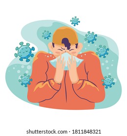 boy sneezing vector illustration. prevent the corona virus.