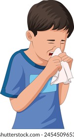 Boy sneezing and wiping off his nose with a handkerchief