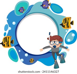 Boy snorkeling among colorful fish and bubbles.