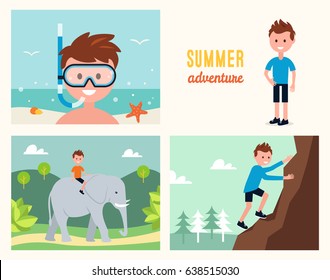 Boy Snorkeling , Climbing Rock and Riding Elephant. Summer Activities Vector Illustration