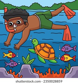 Boy Snorkeling Summer Colored Cartoon Illustration