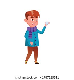 boy with snow ball playing game with friends cartoon vector. boy with snow ball playing game with friends character. isolated flat cartoon illustration