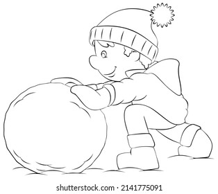 Niño con bola de nieve. Elemento para colorear página. Estilo de caricatura.