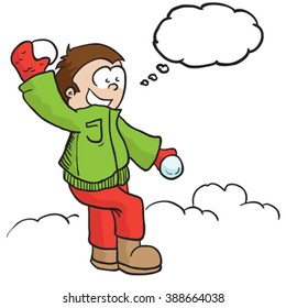 boy with snowball and thought bubble cartoon