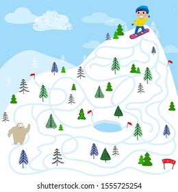 Boy snowboarder on the mountain. Educational game for children. A fun maze for young children. Cartoon vector illustration.