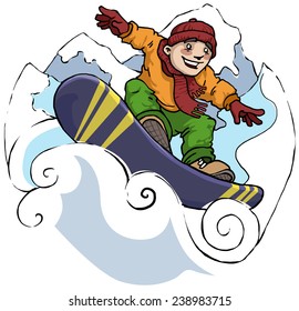 boy snowboarding, extreme winter fun, vector  illustration
