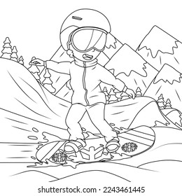 The boy is snowboarding in the mountains. Coloring book for children. Vector illustration