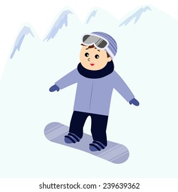 A boy snowboarding in the snowy mountain, vector illustration