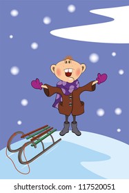 The boy and a snowfall. Cartoon