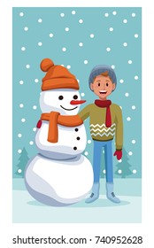 Boy with snowman cartoon