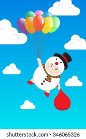 Boy in Snowman costume holding Colorful Transparent Balloon floating in Day Blue Sky. Vector Cartoon for Christmas and New Year Celebration