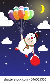 Boy in Snowman costume holding Colorful Transparent Balloon floating in Night Sky with Snow. Vector Cartoon for Christmas and New Year Celebration