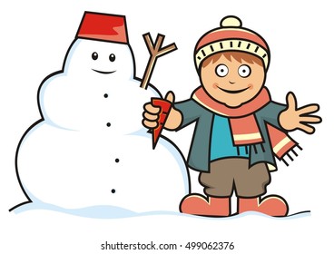 boy and snowman, vector illustration