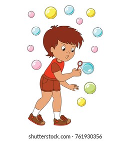 Boy with soap bubbles infant cartoon. Outlined illustration with thin line black stroke