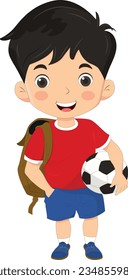 A boy with a soccer ball and a backpack. Boy soccer player. Schoolboy