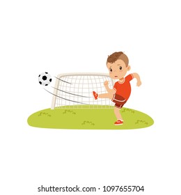 Boy With Soccer Ball Doing Kick On The Lawn, Sad Boy Did Not Score A Goal Vector Illustration On A White Background