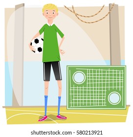 Boy with soccer ball in a gym, goal in background (vintage vector cartoon)