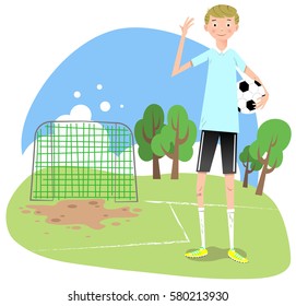 Boy with soccer ball on an outdoor soccer ground, goal in background (vector cartoon illustration)