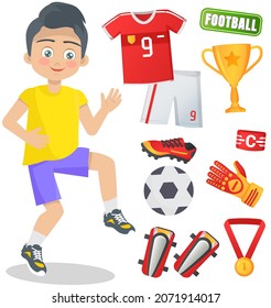 Boy soccer football player. Kids future dream professional sportive career illustration with football attributes uniform and awards, scoreboard and stadium stopwatch and gate field team championship