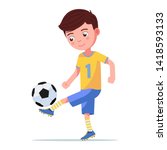 Boy soccer player kicking the ball on his leg. Сhild playing with a football ball. Vector illustration on an isolated white background, flat style.