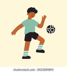 Boy soccer player kicking ball in football. Kid active leisure, outdoor physical activity, childhood, healthy lifestyle concept. Little child athlete playing sport game. Isolated vector illustration