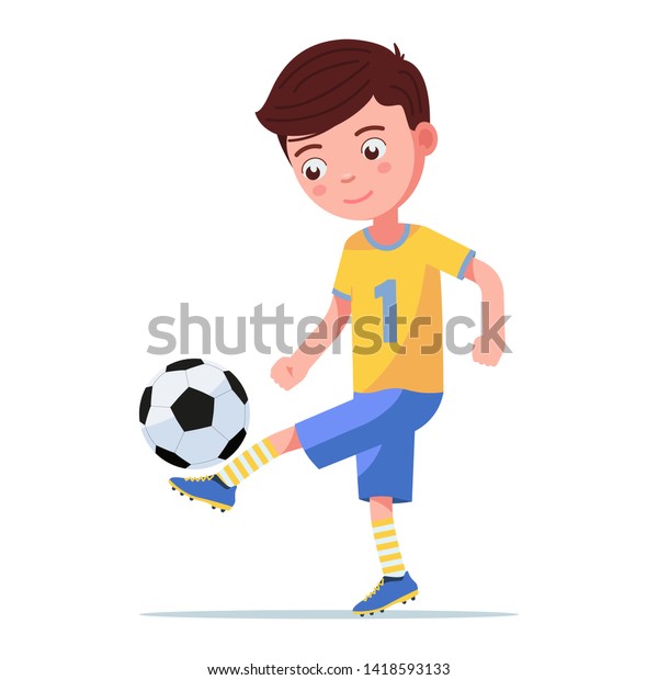 Boy soccer player kicking the ball on his\
leg. Сhild playing with a football ball. Vector illustration on an\
isolated white background, flat\
style.
