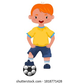Un futbolista juega con la pelota. El juego del mundo. Para anotar un gol en el gol. Estilo de caricatura plano. Carácter fabuloso. Fondo blanco. Se puede usar para el concepto de deportes en el diseño web.