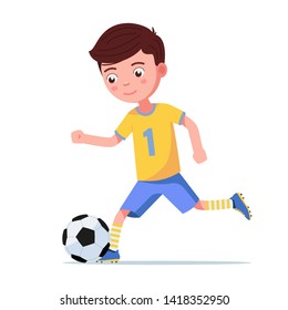 Boy soccer player in sports uniform plays football and kicks the ball on the run. Vector illustration isolated on white, flat style.