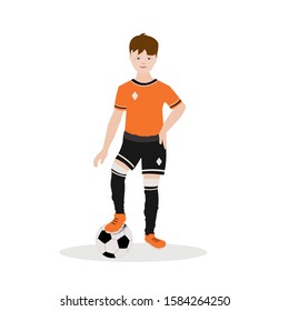 Boy soccer player in a tracksuit stands in full growth and plays with the ball. Vector illustration. Sport concept, football match Europe 2020, championship, competition, young generation.