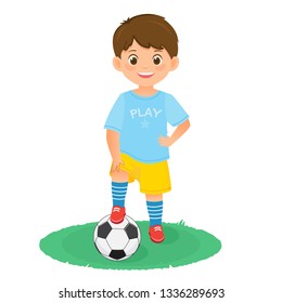 Boy soccer player in uniform with a soccer ball. Vector illustration. Isolated on white background. Flat Cartoon style