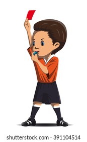 Boy soccer referee with a whistle showing red card