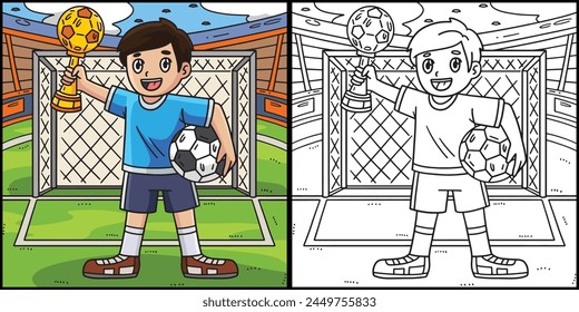 Boy with Soccer Trophy Coloring Illustration