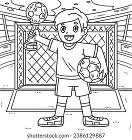 Boy with Soccer Trophy Coloring Page for Kids