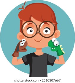 
Boy with Sock Puppets Entertaining in his Show Vector Cartoon. Cheerful student having to tell a story with theater props 
