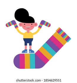 boy with socks pair colors stripes down symbol in sock vector illustration design