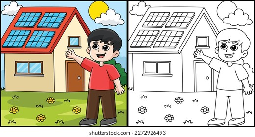 Junge mit einer Sonnenkollektorgrafik