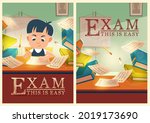Boy solve test pass exam in school cartoon posters