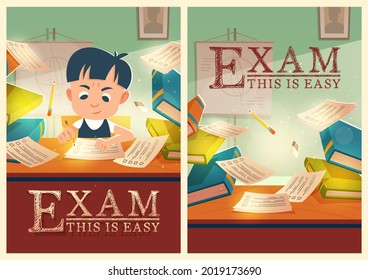 Boy solve test pass exam in school cartoon posters