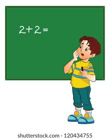 Boy Solving a Math Problem on a Chalkboard, illustration
