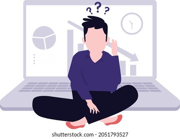 A boy with some errors sit infront of data laptop.