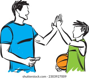 boy son and father man dad playing basketball together high five vector illustration